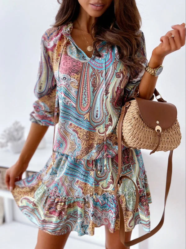 BerryBetty - Women's ethnic print long-sleeved dress