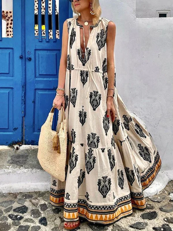 Mini dresses with bow accents for a sweet lookBerryBetty - Women's Sleeveless Maxi Bohemian Print Dress