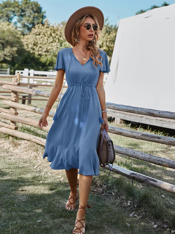 Mini dresses with geometric prints for a modern aestheticBerryBetty - Women's Woven V-neck Large Swing A-line Short Sleeve Dress
