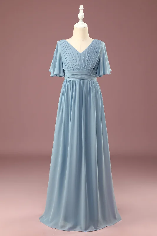 A-line Chiffon V-neck Floor Length Short Sleeves Junior Bridesmaid Dress