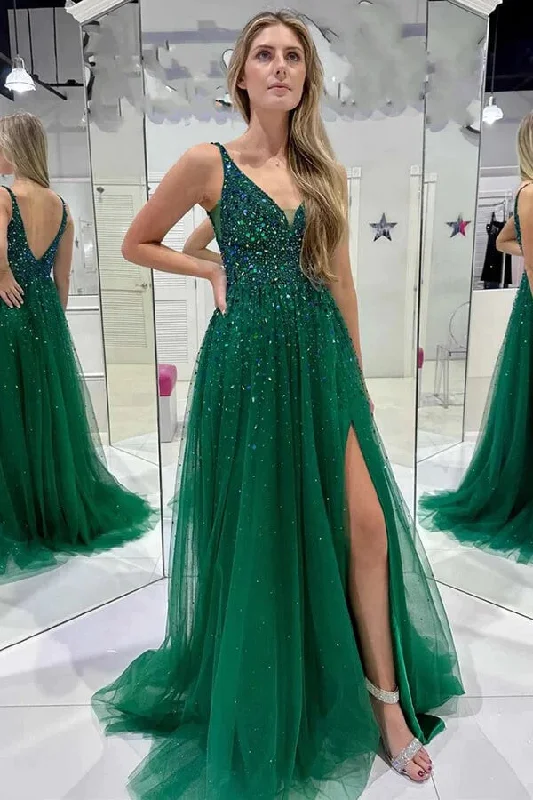 Empire - waist party dresses to accentuate the waistline​A-line Dark Green V Neck Sequined Tulle Prom Dresses PSK486