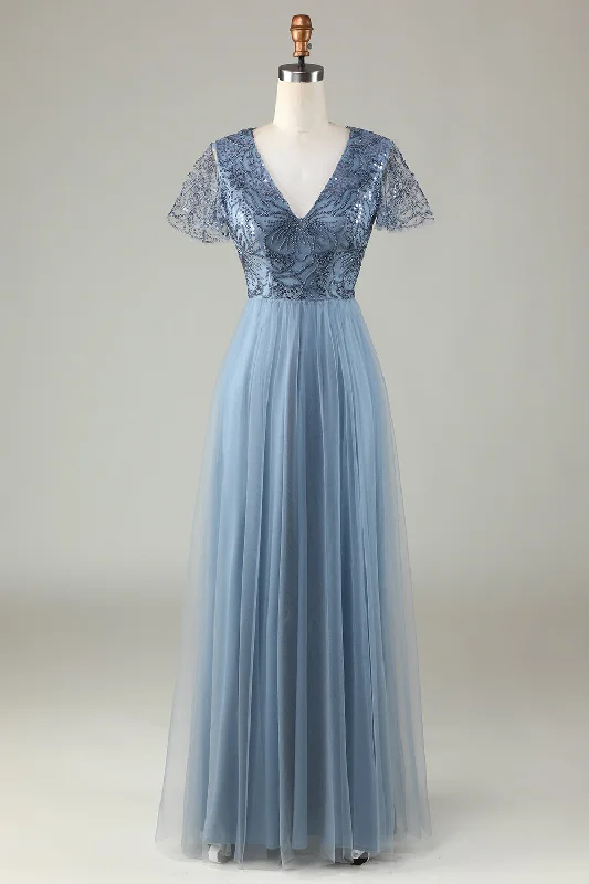 Sleeveless wedding guest dresses with ruffled hemsA-Line Dusty Blue Bridesmaid Dress with Beading