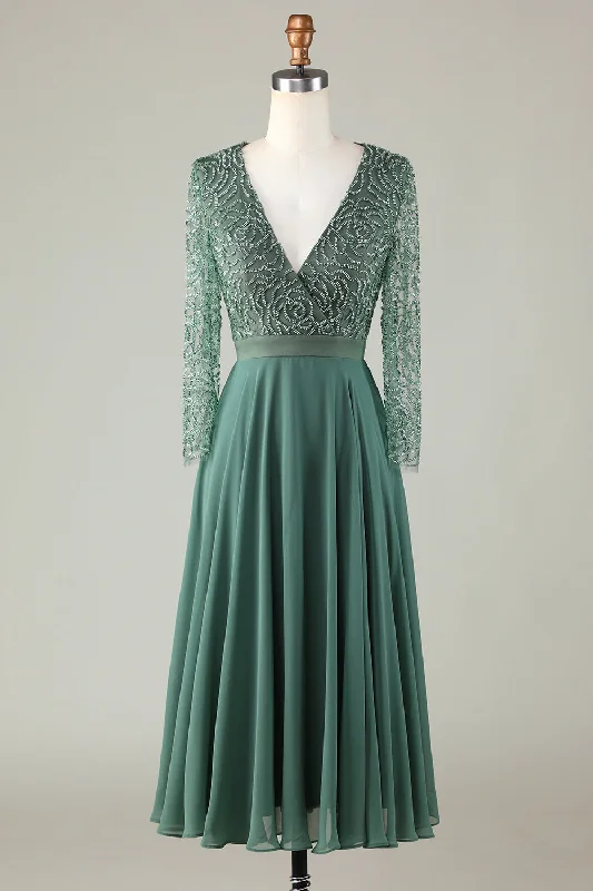 Wedding guest dresses with belted waists and knee - length skirtsA Line Eucalyptus V-Neck Beaded Long Sleeves Bridesmaid Dress