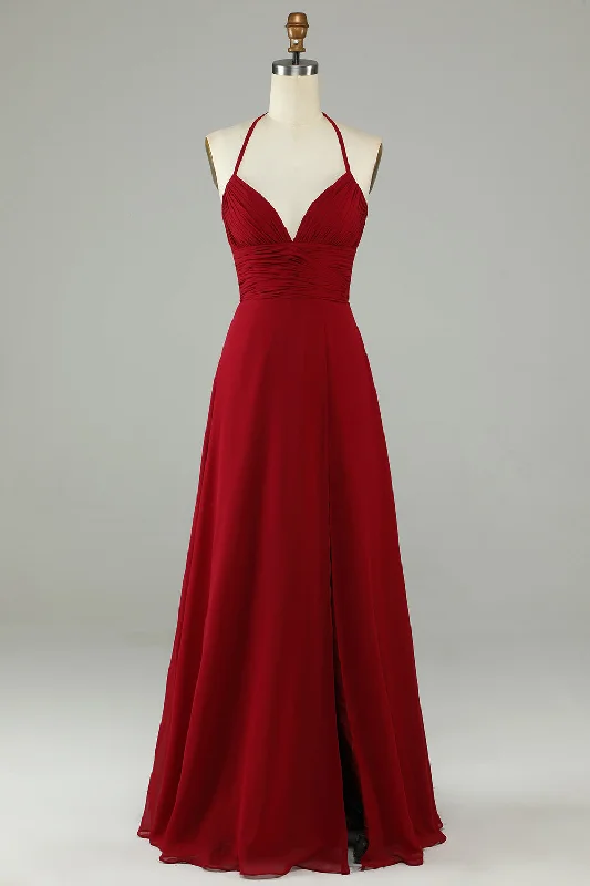 Wedding guest dresses with mesh panels and empire waistsA-Line Halter Burgundy Long Bridesmaid Dress with Slit
