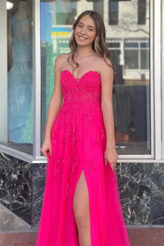 Evening party dresses with a long train for a dramatic entrance​A-line Hot Pink Strapless Floral Appliques Long Prom Dress PSK495
