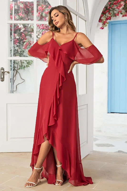 Strapless wedding guest dresses with rhinestone - studded bodicesA Line Off the Shoulder Burgundy Long Bridesmaid Dress with Ruffles