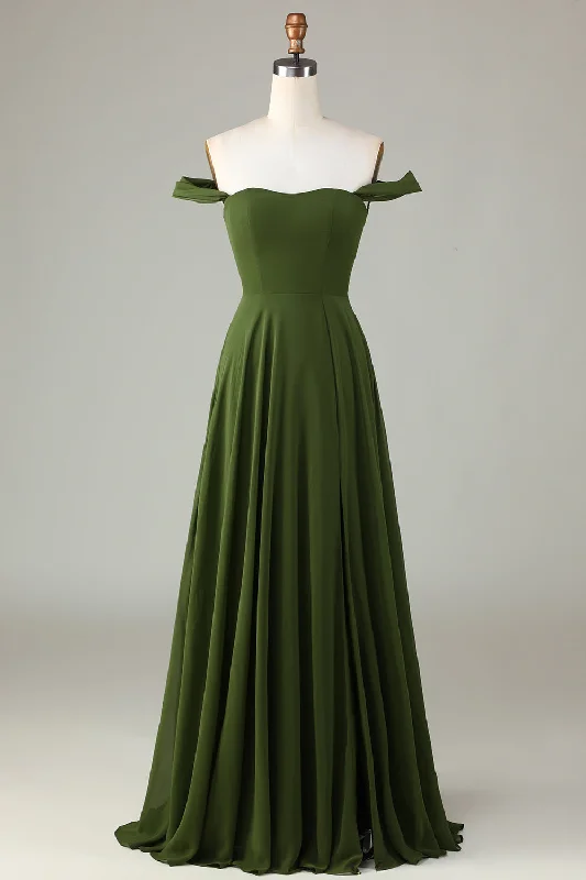 Cotton wedding guest dresses with smocked details for a casual weddingA-Line Off The Shoulder Olive Bridesmaid Dress with Slit