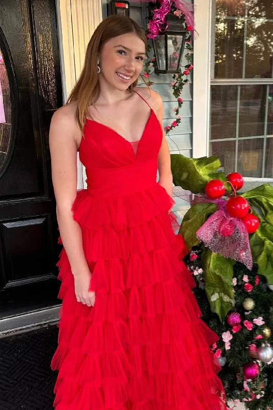 Party dresses with a metallic finish for a shiny and eye - catching effect​A-line Red Layers Plunging V Neck Long Prom Dress PSK487