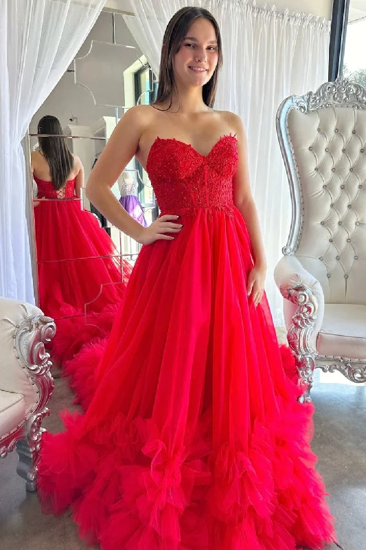 Tea - length party dresses for a sophisticated and versatile option​A-Line Red Sweetheart Corset Ruffle Prom Dress Formal Gown PSK493