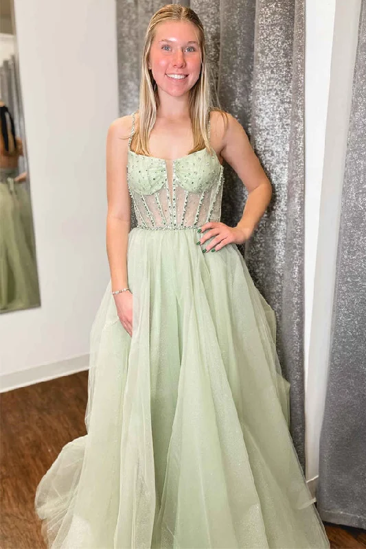 Short - length party dresses with a ruffled skirt for a flirty look​A-Line Sage Green Straps Sequin Beaded Tulle Prom Dress PSK488