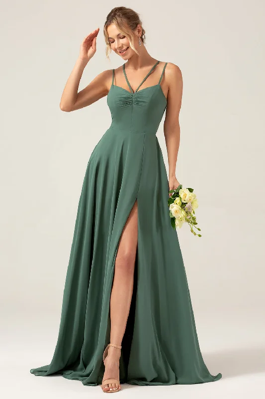 A-Line Spaghetti Straps Backless Pleated Eucalyptus Bridesmaid Dress