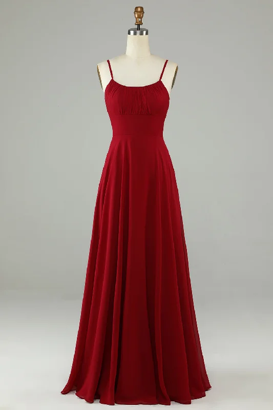 Sheath - style wedding guest dresses with lace overlaysA-Line Spaghetti Straps Burgundy Long Bridesmaid Dress