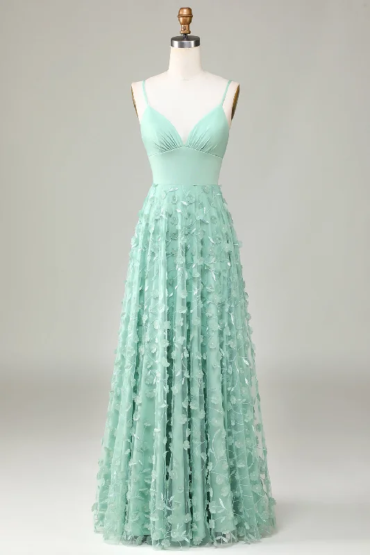 Wedding guest dresses with puff sleeves and knee - length hemsA-Line Spaghetti Straps Sleeveless Green Bridesmaid Dress