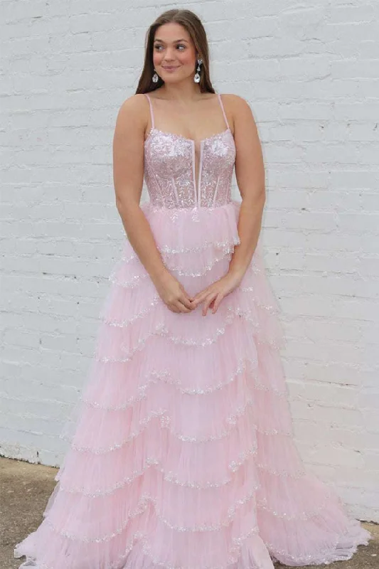 Party dresses with a cut - out design for a daring and edgy style​A-line Straps Plunging Neck Pink Sequin Lace Prom Dresses PSK484
