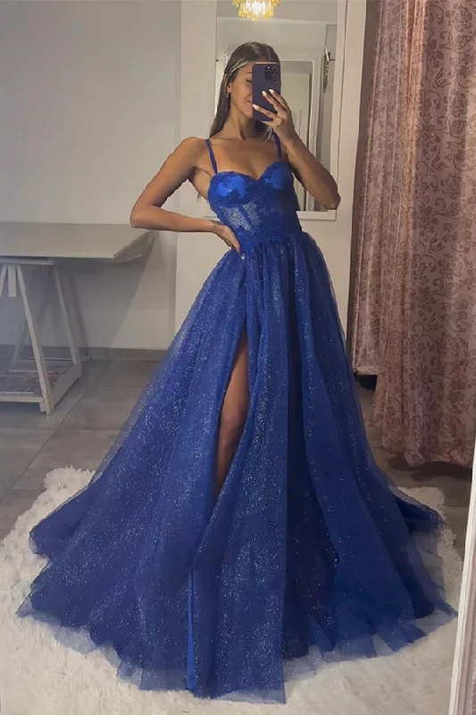 Party dresses with a leatherette material for a tough and stylish appearance​A-Line Sweetheart Neck Tulle Lace Royal Blue Long Prom Dress PSK491