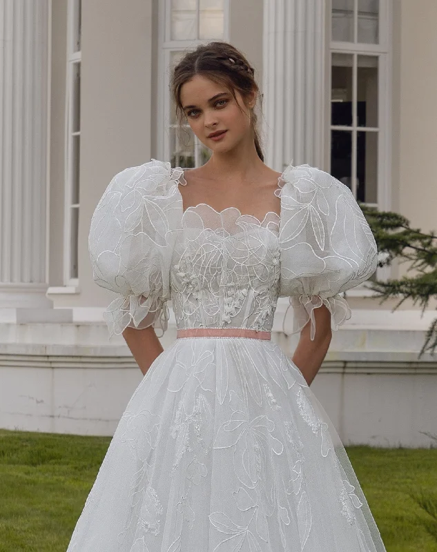 Square - neck wedding dresses with a demure look​A-Line Wedding Dress with Puffy Sleeves