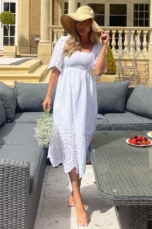 Lace - trimmed wedding guest dresses in blush pinkAspen Broidery Tiered Midaxi Dress White