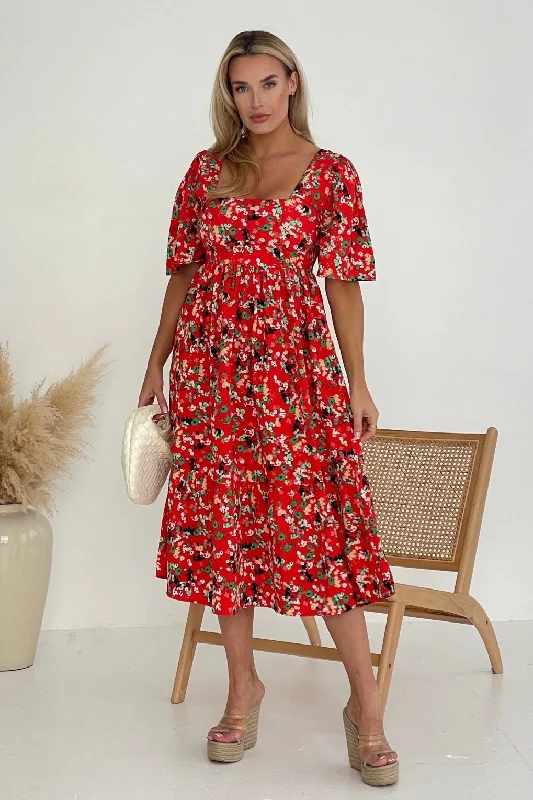 Wedding guest dresses with patchwork designs for a unique lookAspen Square Neck Tiered Midaxi Dress Red