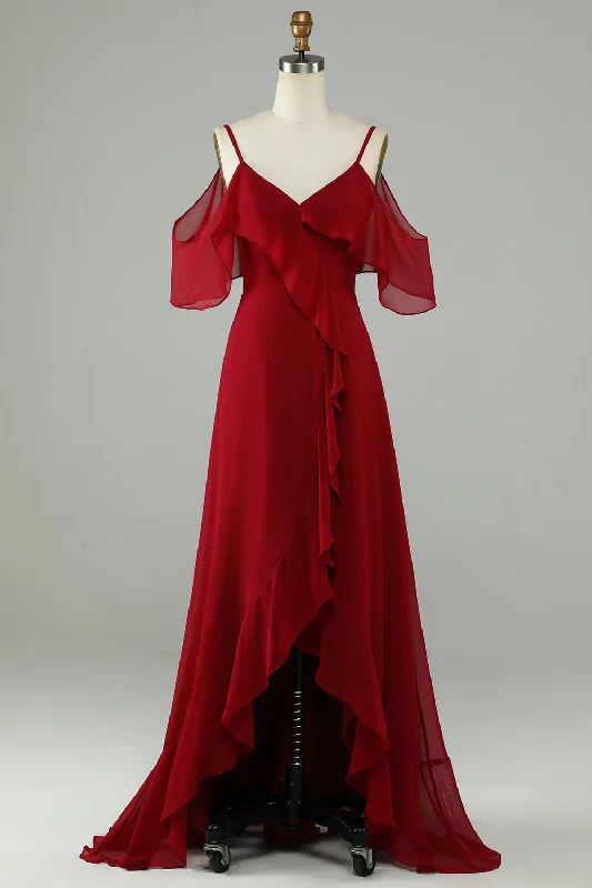 Lace - and - tulle wedding guest dresses with sweetheart necklinesAsymmetrical Cold Shoudler Burgundy Long Bridesmaid Dress with Ruffles