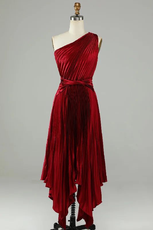Wedding guest dresses with gathered skirts and V - necklinesAsymmetrical One Shoudler Burgundy Bridesmaid Dress