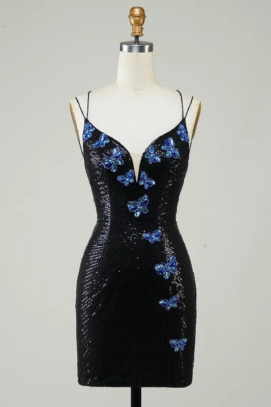 Lace - Embellished Women Dress for an Elegant and Sophisticated AppearanceBlack Glitter Tight Homecoming Dress with Sequins Butterflies