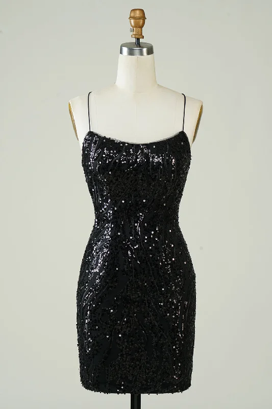 Halter Neck Women Dress to Show Off the Shoulders and NecklineBlack Sequins Spaghetti Straps Tight Homecoming Dress