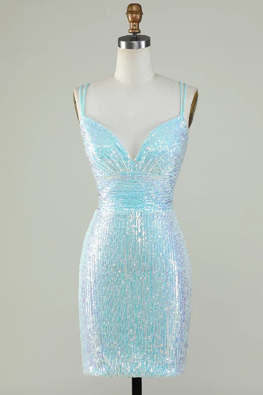 Bling Sheath Spaghetti Straps Light Blue Sequins Short Homecoming Dress with Criss Cross Back