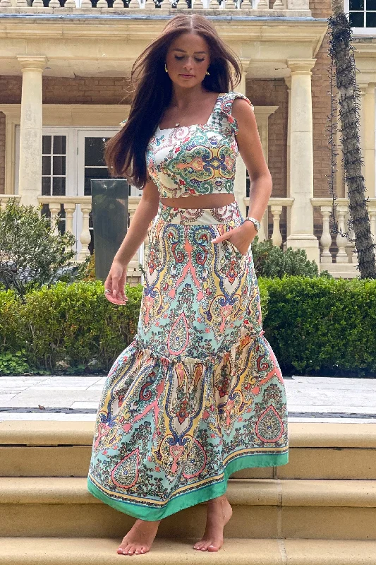 Asymmetric - hem wedding guest dresses in metallic huesBlossom Paisley Print Skirt