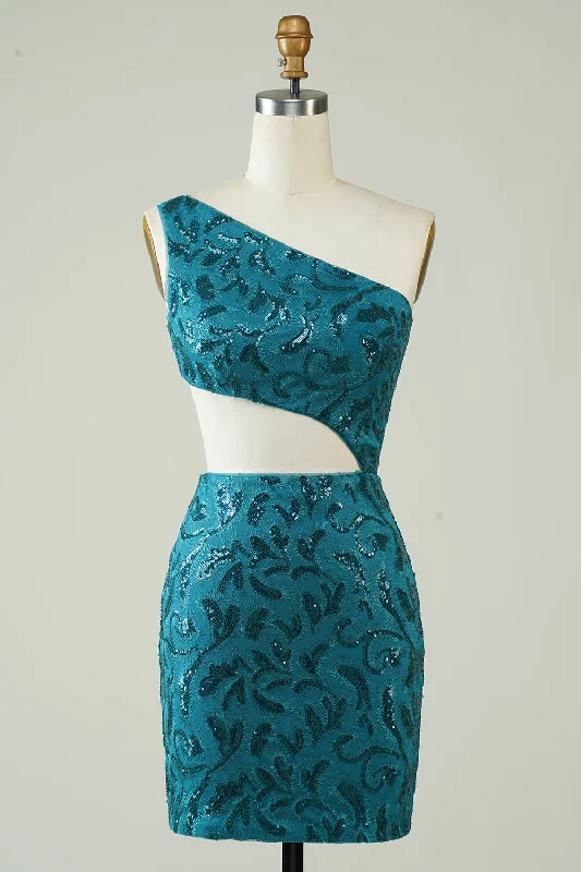 Printed Abstract Women Dress for a Modern and Artistic AppealBlue Glitter One Shoulder Tight Homecoming Dress with Hollow-out