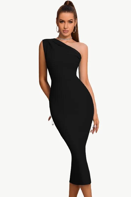 Pleated Women Dress with a Timeless and Elegant TextureBodycon One Shoulder Black Party Dress