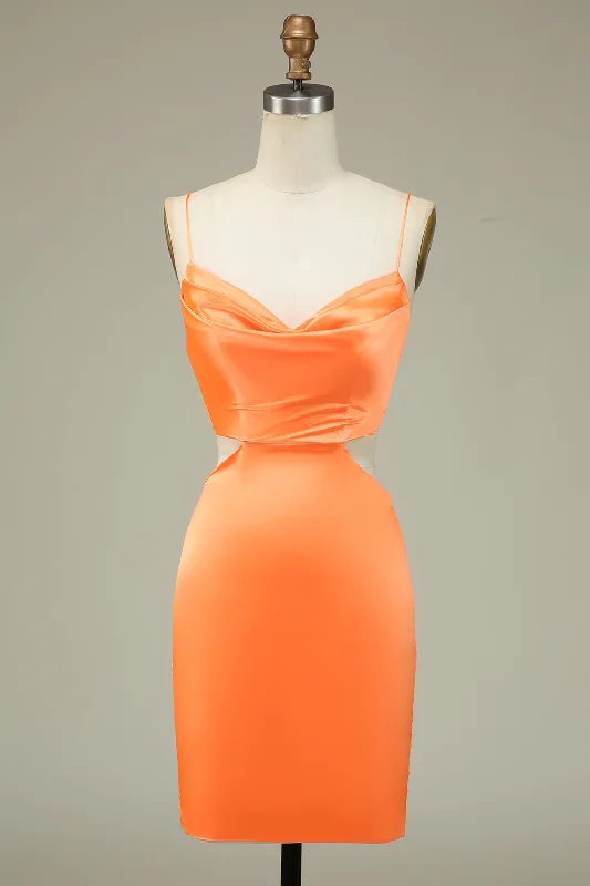 Printed Abstract Women Dress for a Modern and Artistic AppealBodycon Orange Spaghetti Straps Homecoming Dress