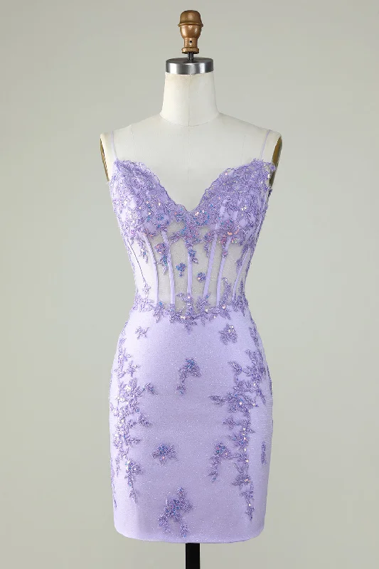 Bodycon Spaghetti Straps Purple Corset Homecoming Dress with Appliques