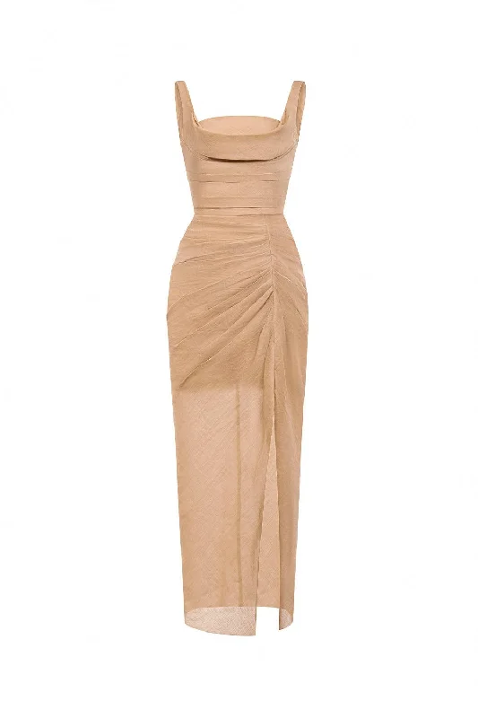 Strapless party dresses with a beaded bodice for added elegance​Brown Organza Linen Draped Dress