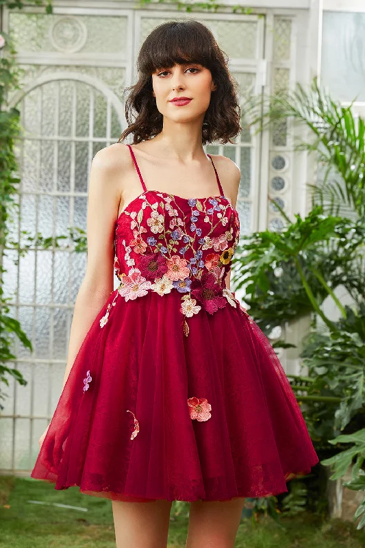 Burgundy A Line Spaghetti Straps Homecoming Dress With 3D Flowers