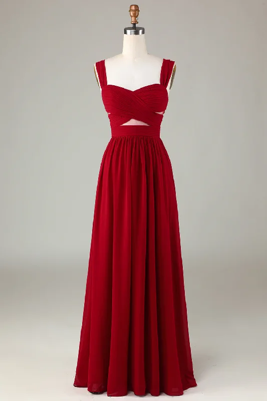 Wedding guest dresses with puff sleeves and knee - length hemsBurgundy Cut Out A Line Long Bridesmaid Dress