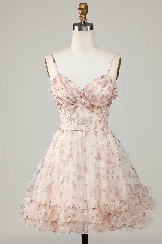 Champagne A-Line Corset Floral Short Homecoming Dress