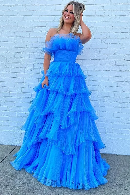 80s - inspired party dresses with bold colors and big shoulders​Charming A Line Strapless Blue Long Prom Dress with Ruffles PSK492