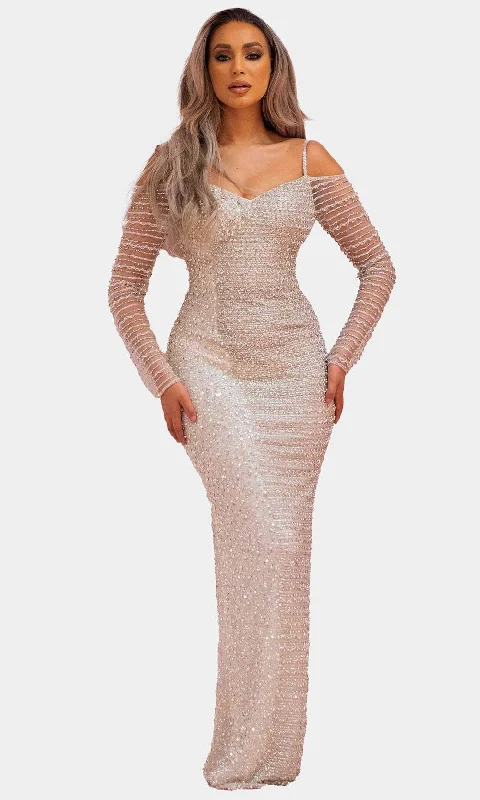 Vintage - themed wedding dresses with pearl accents​Chic and Holland BR1982 - V-Neck Bridal Gown With Slit