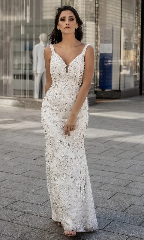 Ruffled wedding dresses with a cascading effect​Chic and Holland - HF1539 Embellished Deep V Neck Long Gown