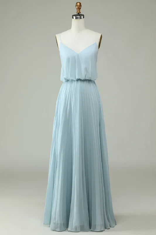 Ruffled - sleeve wedding guest dresses in light blue for a spring weddingChiffon Spaghetti Straps Sky Blue Long Bridesmaid Dress