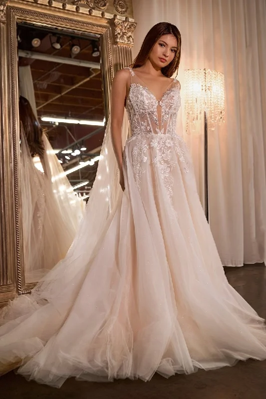 Cinderella Divine S476W Long A Line Cape Wedding Dress