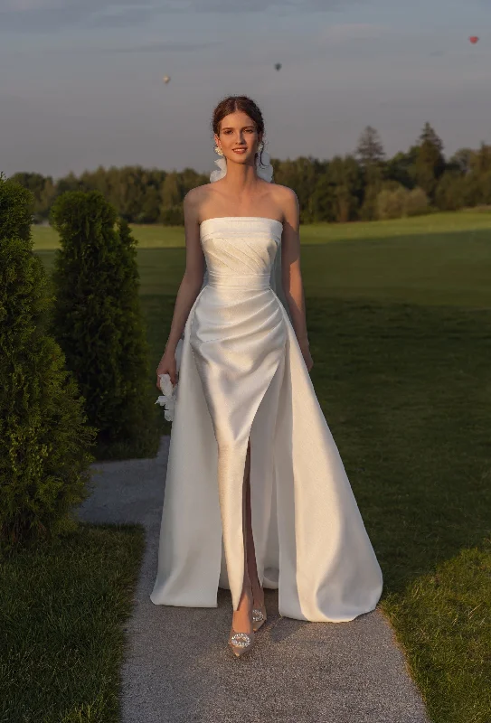 Wedding dresses with a corseted bodice for a cinched waist​Classy Minimalist Wrap-around White Dress