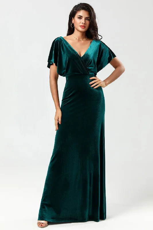 Confidently Charismatic A Line V-Neck Peacock Velvet Bridesmaid Dress with Ruffles