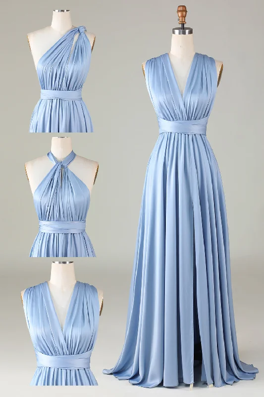 Asymmetric - hem wedding guest dresses in metallic huesConvertible Blue Satin Bridesmaid Dress with Slit