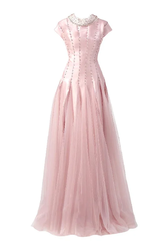 Party dresses with a metallic - thread embroidery for a luxurious touch​Crane Gored Stone Mesh Silk Floor Length Dress