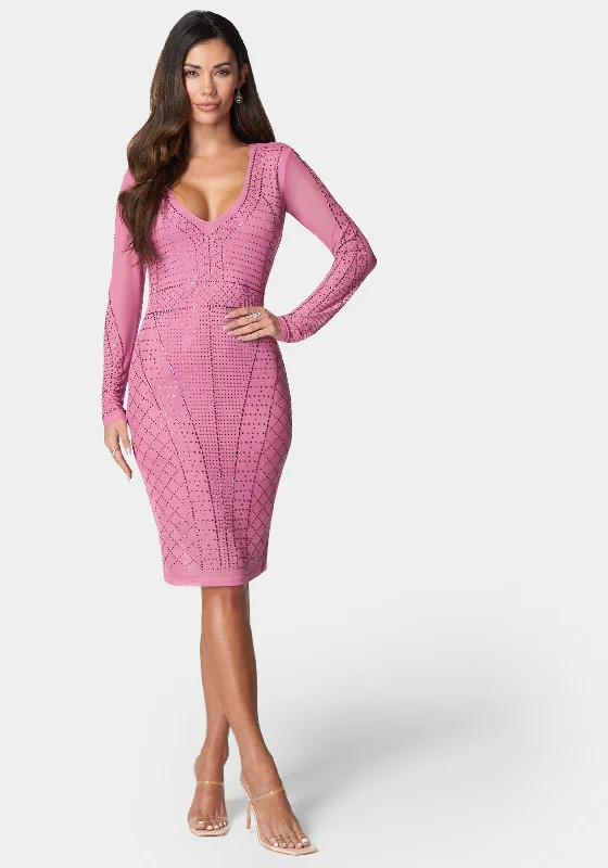 Strapless bodycon dress for a glamorous evening​Crystal Mesh Midi Dress