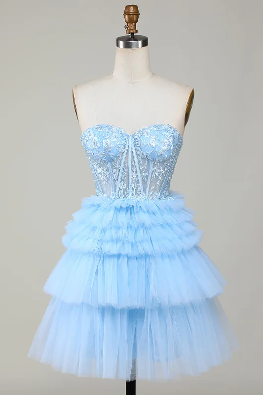 Cute A-Line Sweetheart Blue Corset Short Homecoming Dress with Ruffles