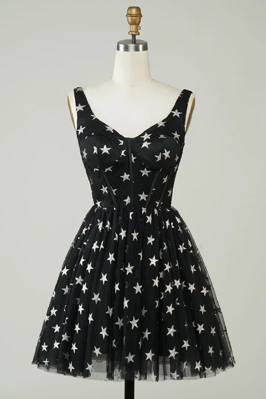 Cute A Line V Neck Black Tulle Short Homecoming Dress with Stars