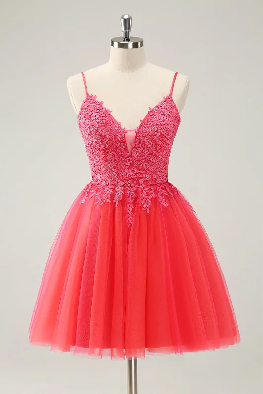 Wrap - Style Women Dress with Adjustable Fit for All Body TypesCute Hot Pink A Line Spaghetti Straps Short Homecoming Dress with Appliques