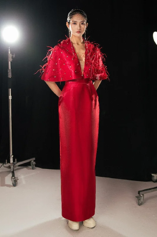 Party dresses with a one - shoulder design for a modern and unique look​Daleyza Sheath V-Neck Taffeta Floor Length Dress